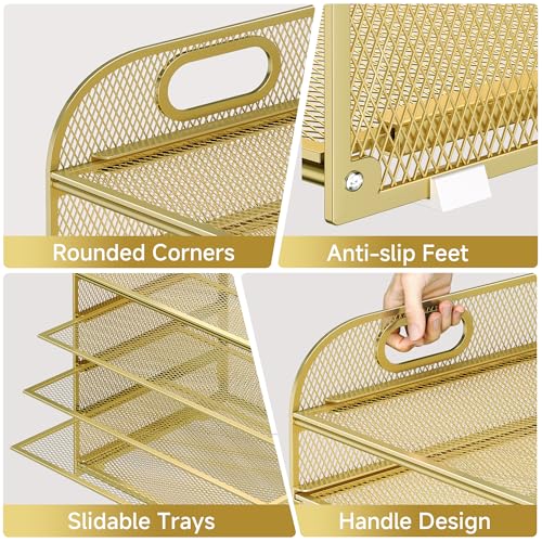 Paper Organizer Letter Tray with Handle Mesh 5 Trays Desk File Organizer Paper Sorter Desk Organizer for Office, Home or School-Gold - color: Gold, size: 12.6" x 9.1" x 13.4"
