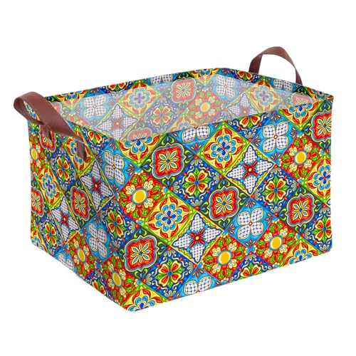 Mexican Talavera Decor Storage Basket Waterproof Canvas Toy Storage Bin Mexican Decor For Home Collapsible Outdoor Basket with Leather Handles Mexican Gifts Blanket Baskets For Closets,Bedrooms - color: Mexican Talavera Decor