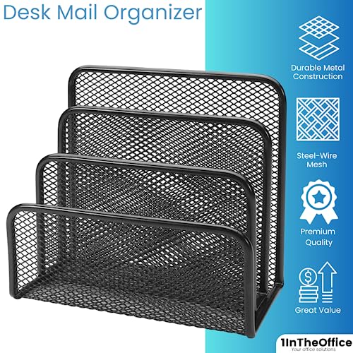1InTheOffice Mail Organizer, Multi Step Desk Organizer, Desk File Sorter, Mesh Vertical File Organizer, Black, 1 Pack