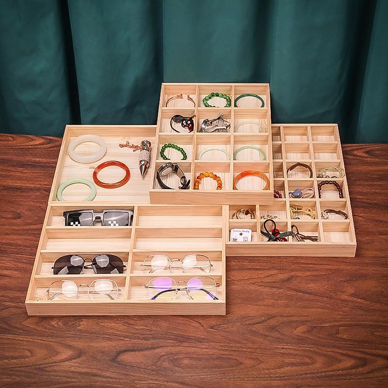 The Display Guys - Stackable Jewelry Tray and Organizer - for Drawers, Dressers, Store Display (12 Compartments, Natural Wood) - color: Wood Natural, size: 12 Compartments