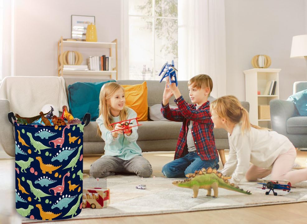 ESSME Dinosaur Laundry Basket Storage Bin large Collapsible Canvas Waterproof Coating Nursery hamper for Toy Bins,Baby hamper,Boys and Girls,Home Organizer.(Navy Blue dinosaur) - color: Navy Blue dinosaur