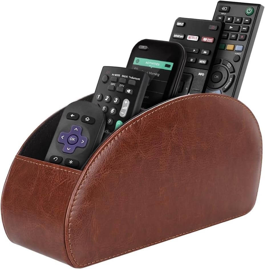Remote Control Holder with 5 Compartments, PU Leather Remote Caddy Desktop Organizer for TV DVD Blu-Ray Media Player and Heater Controllers, Multifunction Tabletop Storage Box, Brown - color: Brown