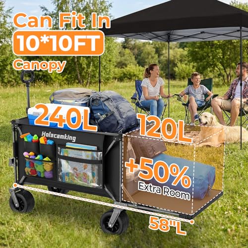 58”L Extender Collapsible Wagon, Extra Long Foldable Wagon Cart with Extended Tailgate, Heavy Duty Rolling Utility Cart with All-Terrain Big Wheels for Shopping Sports Beach, Black - size: 240L