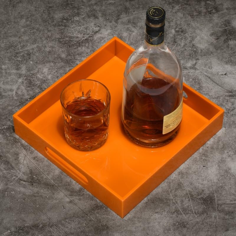 KEVLANG Orange Sturdy Acrylic Serving Tray with Handles-10x10Inch-Serving Coffee,Food,Breakfast,Butler-Kitchen Countertop Tray-Makeup Drawer Organizer-Vanity Table,Ottoman Tray-Decorative Tray - color: Glossy Orange, size: 10" x 10" x 2"