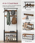 VASAGLE Coat Rack, Hall Tree with Shoe Bench for Entryway, Entryway Bench with Coat Rack, 4-in-1, with 9 Removable Hooks, a Hanging Rod, 13.3 x 28.3 x 72.1 Inches, Rustic Brown and Black UHSR40B - color: Rustic Brown + Black, size: 28.3"W