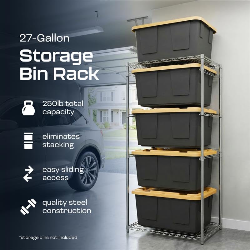 MonsterRAX 5-Tier Side-Load Heavy Duty Garage Slide Bin Storage Rack for 27-Gallon Totes. Industrial metal organization, 250lb capacity, NSF Certified. (Bins not included) (Black) (Silver) - color: Silver