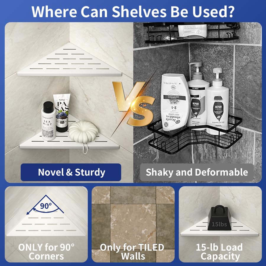 Corner Shower Shelf, 304 Stainless Steel with Slot Design for Bathroom Storage, Grout in Shelf for Tiled Wall (White, 10"-2 Pack) - color: White, size: 10"-2 Pack