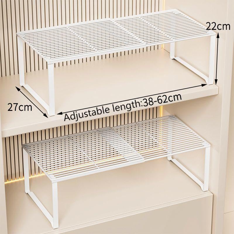 Extendable Metal Wire Shelf Organizer - Adjustable 15-24.4in Length, Stackable Storage Rack for Kitchen/Pantry/Bathroom/Shoe Cabinet/Tool Closet (4, White) - color: White, size: 4 Pack