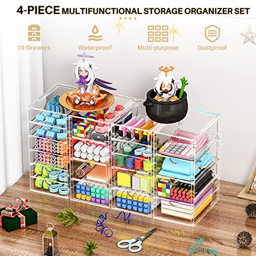 YFXCVSL Acrylic Makeup Organizer with 19 Drawers, 4 Pack Clear Storage Drawers, Bathroom Makeup Organizer for Palettes, Cosmetic, and Beauty Supplies,Ideal for Vanity, Cabinet,Desk Organization - size: 19 Drawers