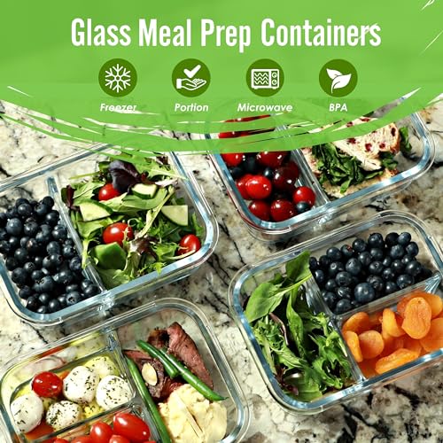 2 & 3 Compartment Glass Meal Prep Containers (4 Pack, 32 oz) - Glass Food Storage Containers with Lids, Bento Box, Portion Control, Airtight, Oven & Freezer safe, Food Container, Lavender - color: Lavender (2,3 compartment - 4 pack, 32oz)