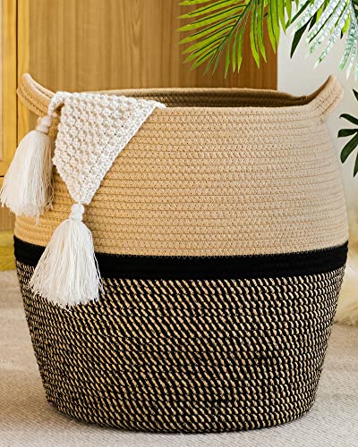KAKAMAY Woven Baskets for Storage(17"x17"),Large Cotton Rope Woven Baby Laundry Hamper,Collapsible Laundry Basket, Blanket Basket for Organizing Living Room,Nursery,Clothes,Toy chest (Black) - color: Black