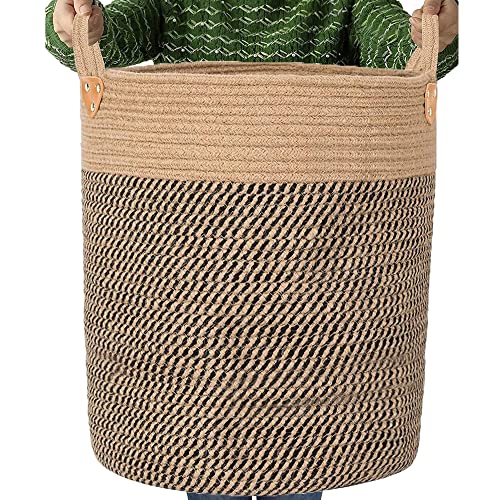 Jute Laundry Hamper Large Woven Rope Storage Basket with Handles 20' Height Tall 83L,Laundry Basket Decorative Basket for Living Room,Pillows,Clothes, 18'Wx20'H - color: Jute/Black Mix-18"Wx20"H