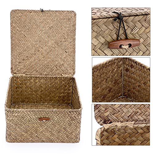 Hipiwe Wicker Shelf Baskets Bin with Lid Handwoven Seagrass Storage Basket Container Square Multipurpose Household Basket Boxes for Shelves and Home Organizer, Coffee Large - color: Coffee, size: Large