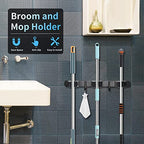 Huryfox Heavy-Duty Stainless Steel Broom Holder, Black, Wall Mount, 1-4 cm Diameter Compatible, Adjustable, 3 Racks, 2 Hooks, Space-Saving - size: 3 Racks and 2 Hooks