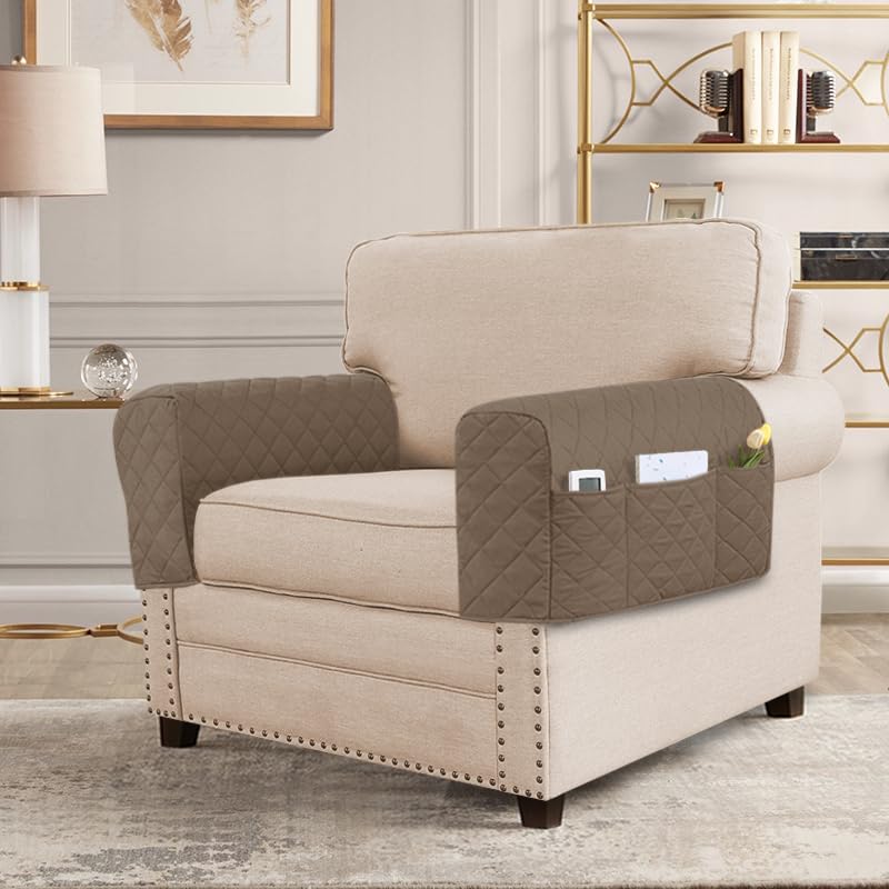 2 Pack Water Resistant Armrest Covers for Chairs and Sofas Couch Arm Covers for Sofa with 3 Pockets for Phone Sofa Arm Protector Washable for Pets, Cats (Taupe) - color: Taupe