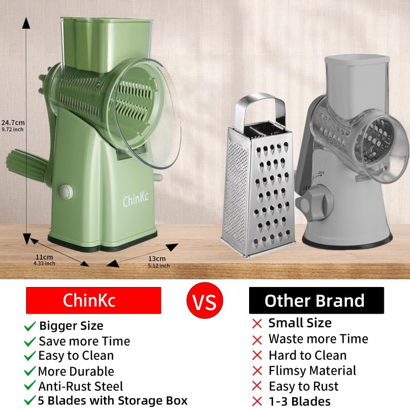 Upgrade Rotary Cheese Grater Shredder with Handle, Strong Suction Base, Multi-purpose Rotary Grater Slicer with 5 Interchangeable Blades for Ice, Vegetables, Fruit, Nuts with Blade Storage Box - color: Green