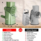 Upgrade Rotary Cheese Grater Shredder with Handle, Strong Suction Base, Multi-purpose Rotary Grater Slicer with 5 Interchangeable Blades for Ice, Vegetables, Fruit, Nuts with Blade Storage Box - color: Green