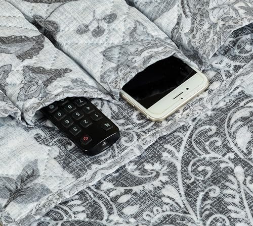Brilliant Sunshine Grey Flowers Patchwork Couch Armrest 5 Pockets Organizer, Slip Resistant Recliner Armchair Caddy, Washable Remote Controls Holder, Storage for Magazine, Tablet, Phone, iPad, Grey - color: Medium Grey