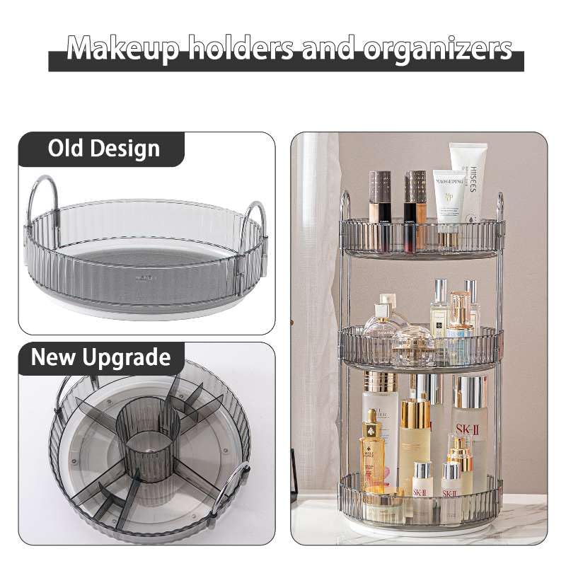 shuang qing Rotating Makeup Organizer for Vanity, High-Capacity Skincare Clear Make Up Storage Perfume Organizers Cosmetic Dresser Organizer Countertop 360 Spinning (Gray, New-3 Tier) - color: Gray, size: New-3 Tier