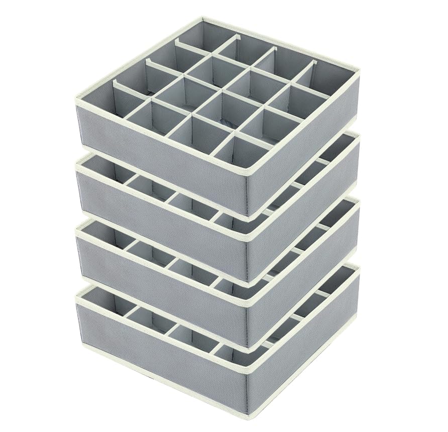 Joyoldelf Sock Drawer Organizer Divider Underwear Organizer 16-cell Fabric Dresser Drawer Organizers Storage Boxes for Socks Lingerie, Handkerchiefs, Ties 4 Pack (Grey) - color: Grey, size: 4*16 cells