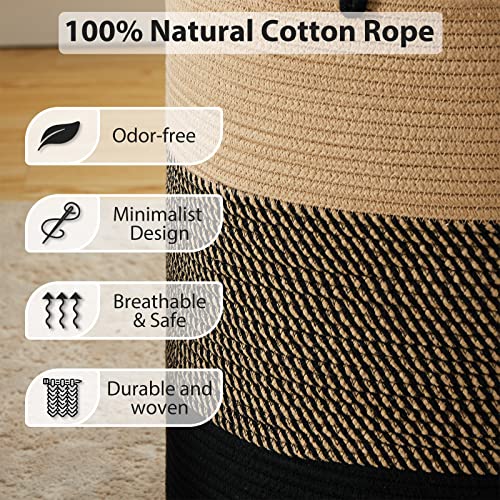 58L Large Woven Laundry Hamper by Fiona's magic, Tall Cotton Rope Laundry Basket, Boho Storage Basket for Blankets, Toys and Clothes Hamper for Bedroom and Living Room Organizing, Brown & Black - color: Brown & Black, size: Tall(58L)