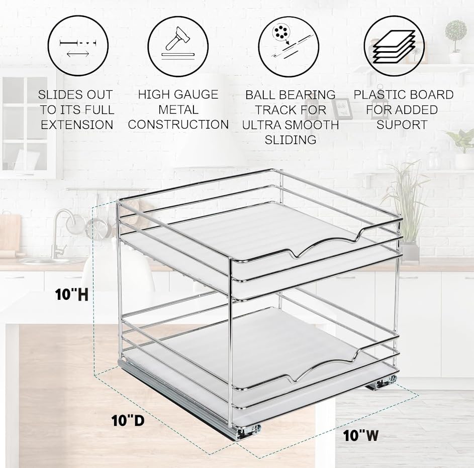 2 Tier Pull-Out Cabinet Spice Rack Organizer - Slim Slide-Out Storage for Spices, Bottles & Jars, Premium Heavy-Duty Steel, Easy Install for Narrow Kitchen Cabinets -10-1/2"Wx10-3/8"Dx8-7/8" H, Chrome - size: 10 Inch-Double