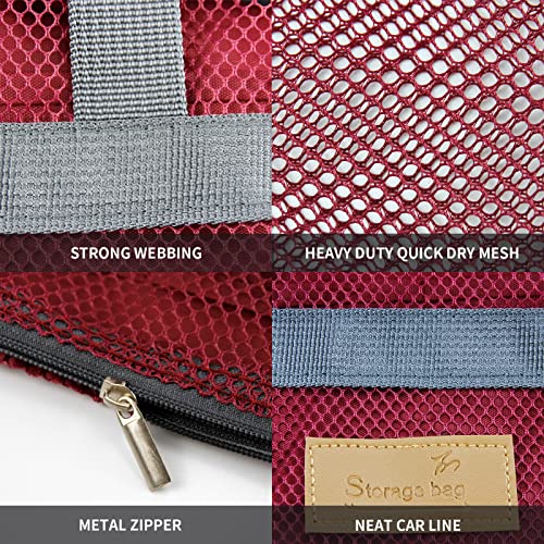 TOPASION Mesh Shower Caddy Bag Portable Hanging Toiletry and Bath Organizer with Zipper for Travel, Gym, Camping, College Dorms, Beach - color: Wine Red