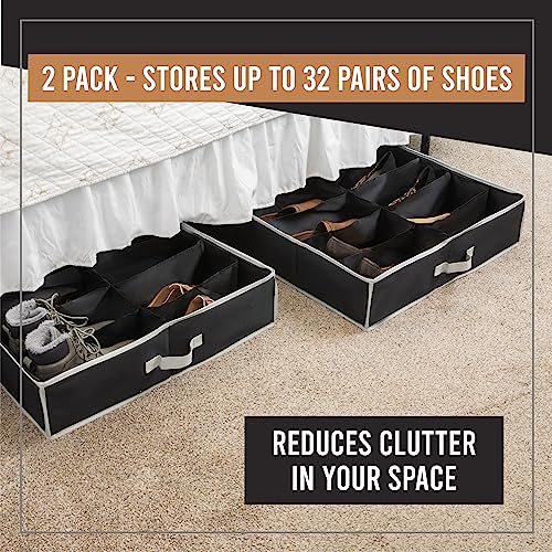Under Bed Shoe Storage Organizer - Set of 2 – TEAR-RESISTANT Heavy Duty 600D Material - Fits All Styles Mens and Women's Shoes, Up to 32 Pairs - Extra-Strong Zipper - Black-Perfect for College Dorms - color: Black, style: Set of 2