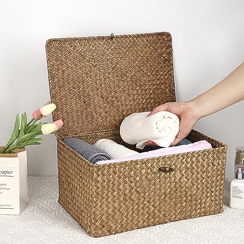Hipiwe Wicker Shelf Baskets Bin with Lid, Handwoven Seagrass Basket Storage Bins Rectangular Household Basket Boxes for Shelf Wardrobe Home Organizer, Coffee X-Large - color: Coffee, size: X-Large