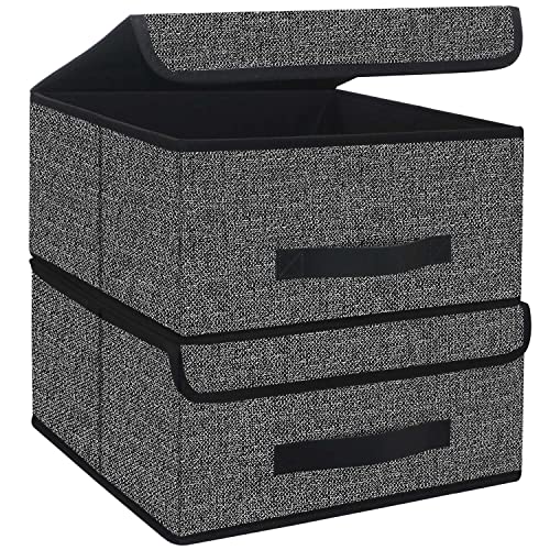 Onlyeasy Foldable Storage Bins Cubes Boxes with Lid - Storage Box Cube Cubby Basket Closet Organizer Pack of Two with Leather Handles for Closet Bedroom, 13"x13", Black, 8MXALB2P - color: Linen-like Black - M