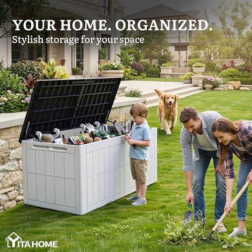 YITAHOME 134 Gallon Large Outdoor Storage Box with Lock, Waterproof Resin Deck Box w/Hydraulic Piston for Garden Tools, Pool Accessories & Cushions(Black & Grayish-White) - color: Black & Grayish-White, size: 134 Gallon, style: Deck Box