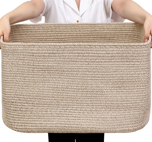 Optish 95L Large Blanket Basket, Woven Storage Baskets with Reinforced Handles, Rope Laundry Basket for Living Room, Bedroom, Nursery, Toys, Clothes,Pillows, 24” x 17” x 13.5”, Brown - color: Brown, size: 24" x 17" x 13.5"(95L)