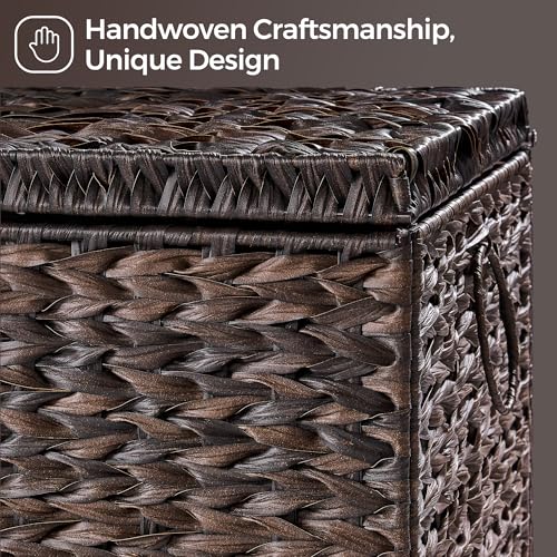 Honjourai Handwoven Storage Basket with Lid, 165L Plastic Rattan Storage Bin, Leather Buckle & Metal Frame, Large Metal Ring Handles, Storage Trunk for Bedroom, Laundry Room - color: Brown PE Rattan, size: 165L-Flat Lid