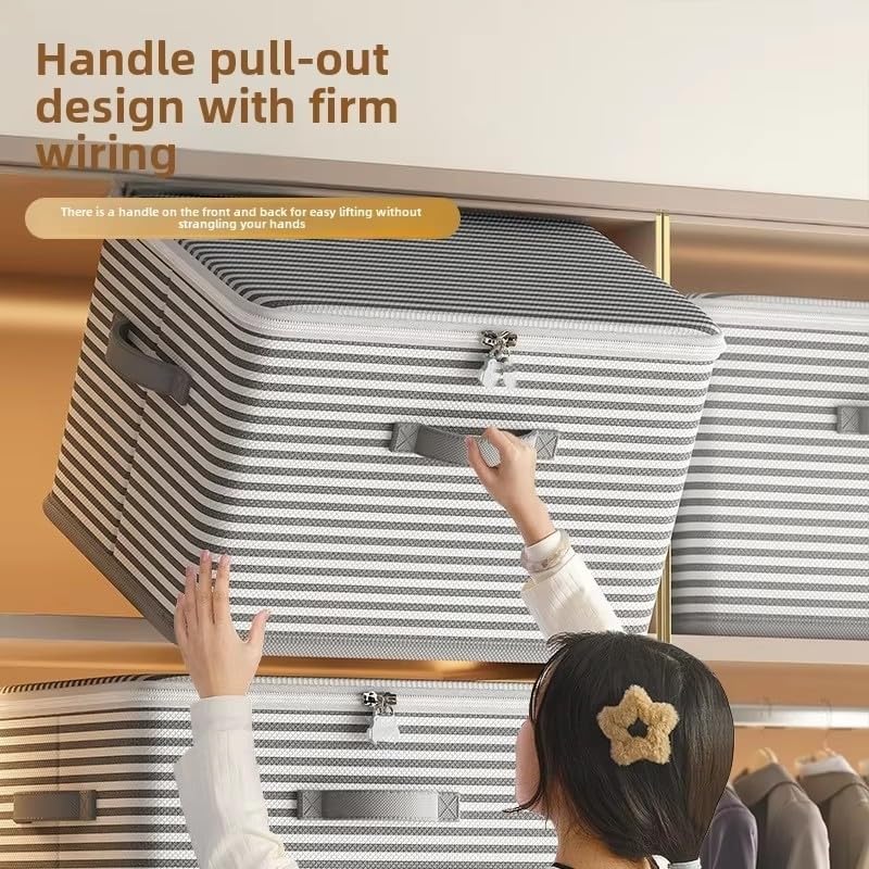 Foldable Storage Containers, Beige Striped Fabric Boxes with Lids, Stackable Closet Organizer Bins for Bedroom, Clothing Storage (Yellow, M) - color: Yellow, size: M