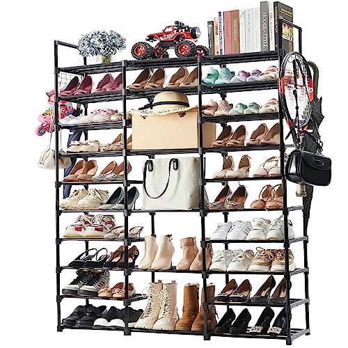 Mavivegue 10 Tiers Shoe Rack Tall Shoe Organizer Shoe Storage 55-65 Pairs Vertical Shoe Shelf Large Shoe Rack Organizer Stackable Shoe Racks for Entryway, Closet, Garage, Bedroom,Cloakroom -Black - color: Black, size: 3 Row 10 Tier
