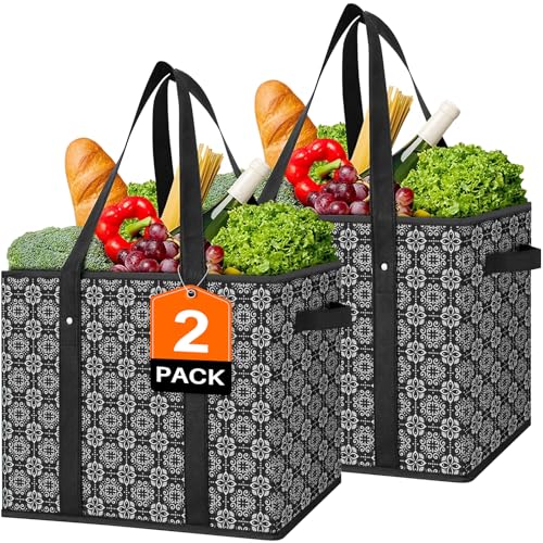 WISELIFE Reusable Grocery Bags [2 Pack],Large Grocery Tote Bag Water Resistant Shopping Bags Foldable Grocery Bag for Clothes,Shoes and Picnic,Black - color: Black, size: 2 PCS