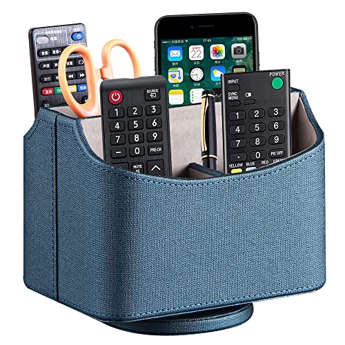 PUSU Remote Control Holder PU Leather 360 Degrees Rotatable Desktop Supply Organizer Storage Box for Controllers Media Stationery Nightstand TV Caddy E-reader iPad Phone Pen/Pencil Cosmetic - color: Blue