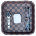 Leather Valet Tray for Men (Solid Wood Inside), Key Trays Bowl for Entryway Table, EDC Catch All Dish, Organizer Decorative Tray for Cologne Jewelry Perfume Watch Wallet- Brown Checkered PU