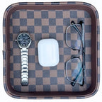 Leather Valet Tray for Men (Solid Wood Inside), Key Trays Bowl for Entryway Table, EDC Catch All Dish, Organizer Decorative Tray for Cologne Jewelry Perfume Watch Wallet- Brown Checkered PU