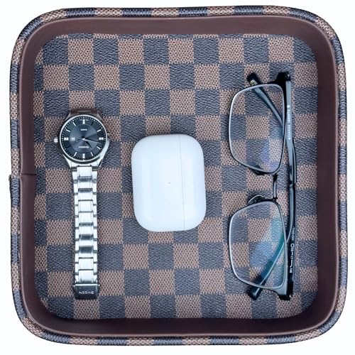 Leather Valet Tray for Men (Solid Wood Inside), Key Trays Bowl for Entryway Table, EDC Catch All Dish, Organizer Decorative Tray for Cologne Jewelry Perfume Watch Wallet- Brown Checkered PU