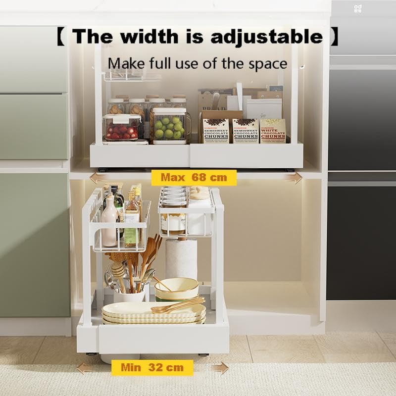 Under Cabinet Organizer Rack, White Metal 2-Tier Storage Shelf, Expandable 32-52cm Width, Modern Style, Kitchen Counter Organization with Hardware
