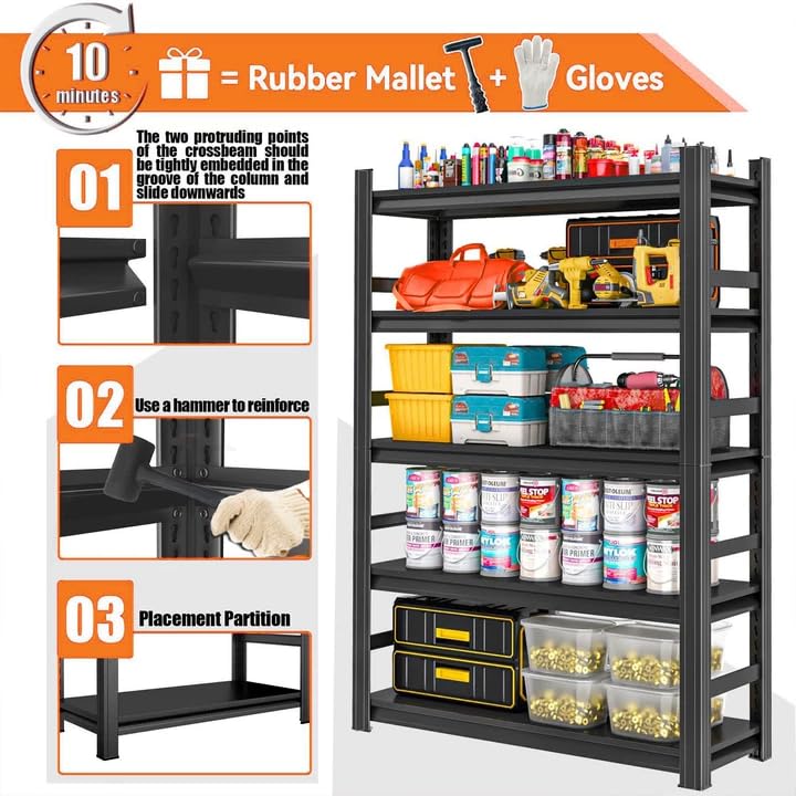 Garage Shelving Heavy Duty, 5-Tier Metal Storage Shelves, 3000LBS, 73" H Adjustable Industrial Shelves Unit, Utility Organizer Shelf for Garage, Kitchen, Warehouse, Basement, 48"W x 24"D x 73"H - size: 48"W x 24"D x 73"H
