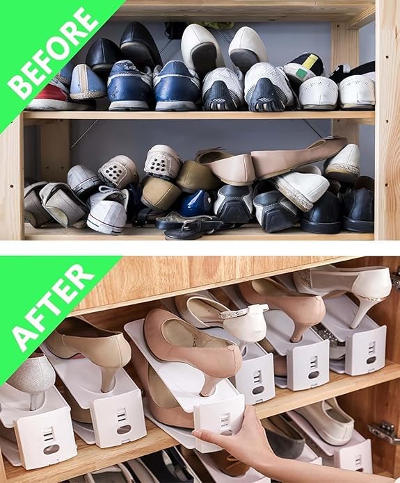 HYGRAD® 12 Pack Shoe Organiser Slots 3 Level Height Adjustable Shoe Organising Holders Space Saving For Shoes Suitable For All Shoes Shoe Rack Organiser (Black) - color: Black
