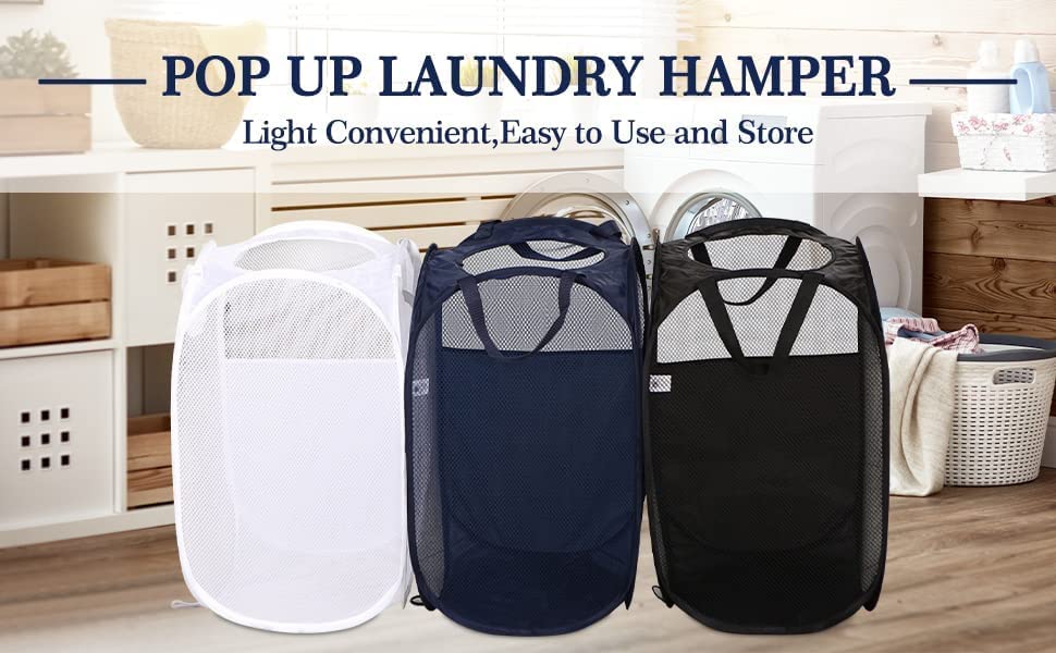 AQQA 9 Pcs Mesh Popup Laundry Hamper Set, Black/White/Blue, Durable Handles, Foldable, Sturdy Mesh Construction, Ideal for Kids, Teens, Adults, College Dorm, Camping, Hotel, Travel - color: Black/White/Blue, size: 24x14