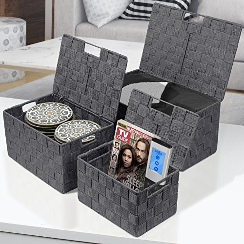 Sorbus Set of 3 Hand-Woven Storage Baskets with Lids – Mesh Organizers for Linen Closet, Shelves, or Home Storage – Variety Pack (Gray) - color: Gray