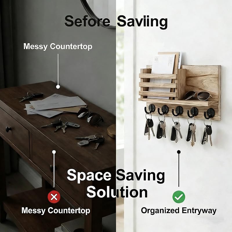 Wall Key and Mail Holder, Mail Organizer with 5 Metal Key Hooks, Selected Tung Wood, 11.8 x 6.7 inches, Includes mounting Hardware (Light Burn Color) - color: Light burn color