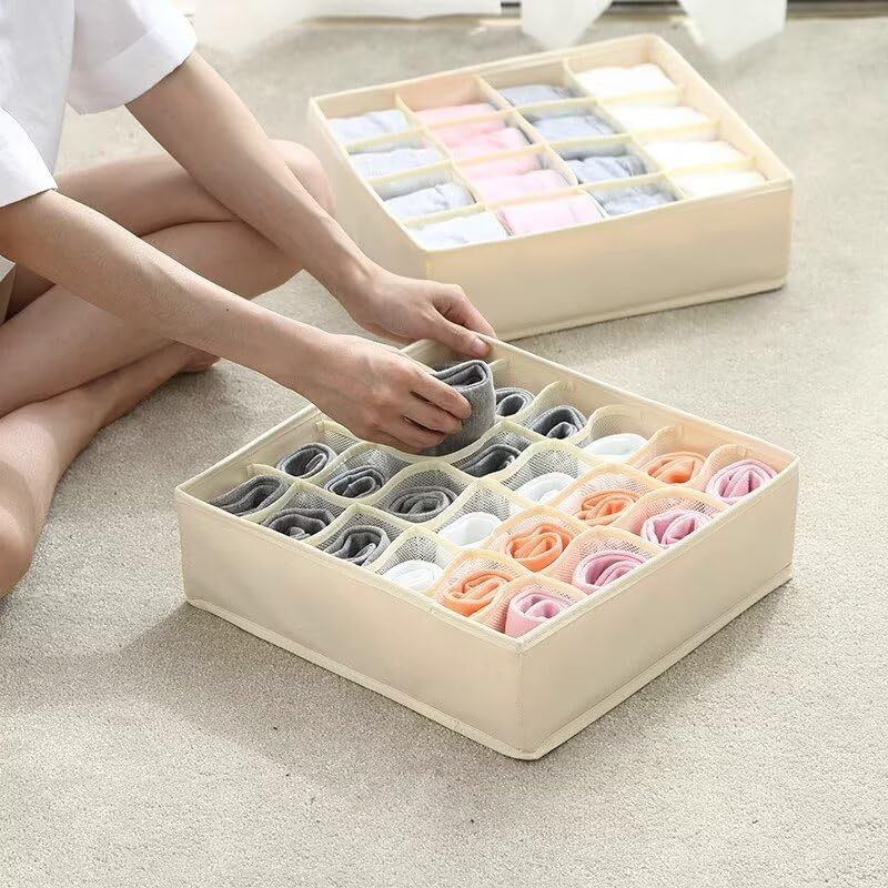 Underwear Drawer Organizer Set – Beige Collapsible Storage Boxes with 16 Compartments for Bras, Socks, and Ties – Made of Oxford Fabric with Sturdy Plastic Frame