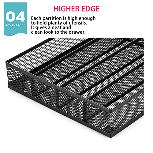 JANE EYRE Utensil Drawer Organizer, Cutlery Tray Silverware Flatware Storage Divider for Kitchen, Mesh Wire with Non-slip Foam Feet, 5 Component, Black - color: Black