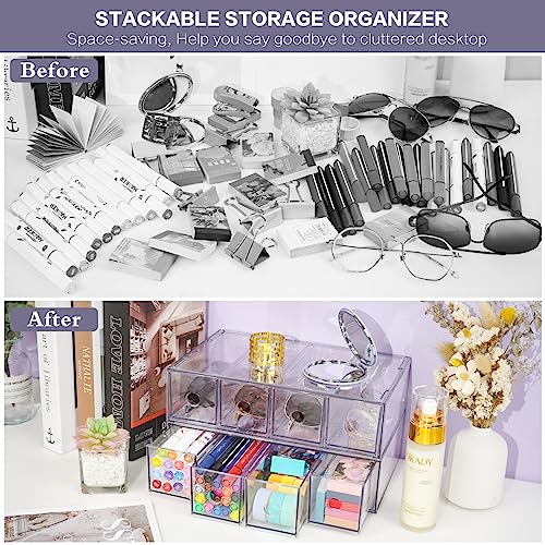 Desk Organizer with 4 Drawers, FODIENS Stackable Desktop Storage Box with Removable Drawer, Clear Sunglasses Organizer Display Case for Stationery Marker Pens Eyeglasses Office Supply - style: 1 Layer - 4 Drawers
