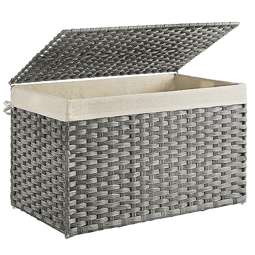 SONGMICS Storage Basket with Lid, Woven Blanket Storage Bin with Handles, Foldable, Removable Liner, Metal Frame, for Bedroom, Laundry Room, 42.3 Gallons (160 L), Gray URST76WG - color: Gray, size: 160 L